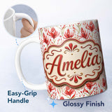 Personalized Custom Name Elegant Red Black Floral Scroll Seamless Pattern Cute Unique Gift 11oz Ceramic Coffee Tea Mug White Large Handle