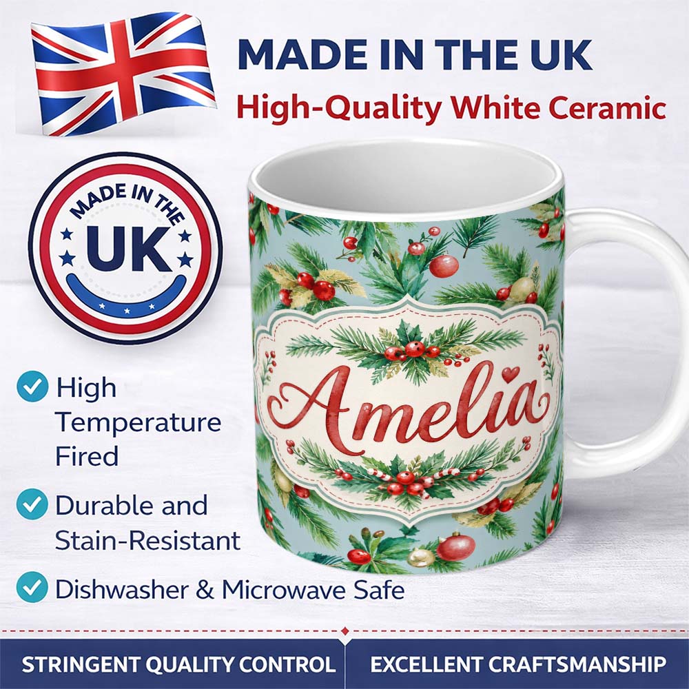 Personalized Custom Name Watercolor Christmas Wreath Pine Branches Red Berries Festive Lovely 11oz Ceramic Coffee Tea Mug White Large Handle