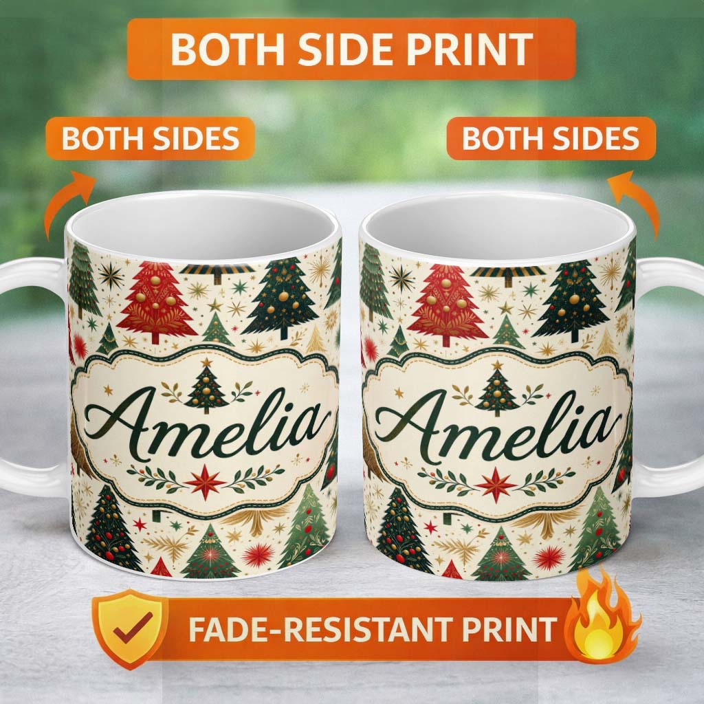 Personalized Custom Name Elegant Christmas Trees Gold Green Red Stars Festive Seamless Lovely 11oz Ceramic Coffee Tea Mug White Large Handle
