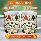 Personalized Custom Name Elegant Christmas Trees Gold Green Red Stars Festive Seamless Lovely 11oz Ceramic Coffee Tea Mug White Large Handle