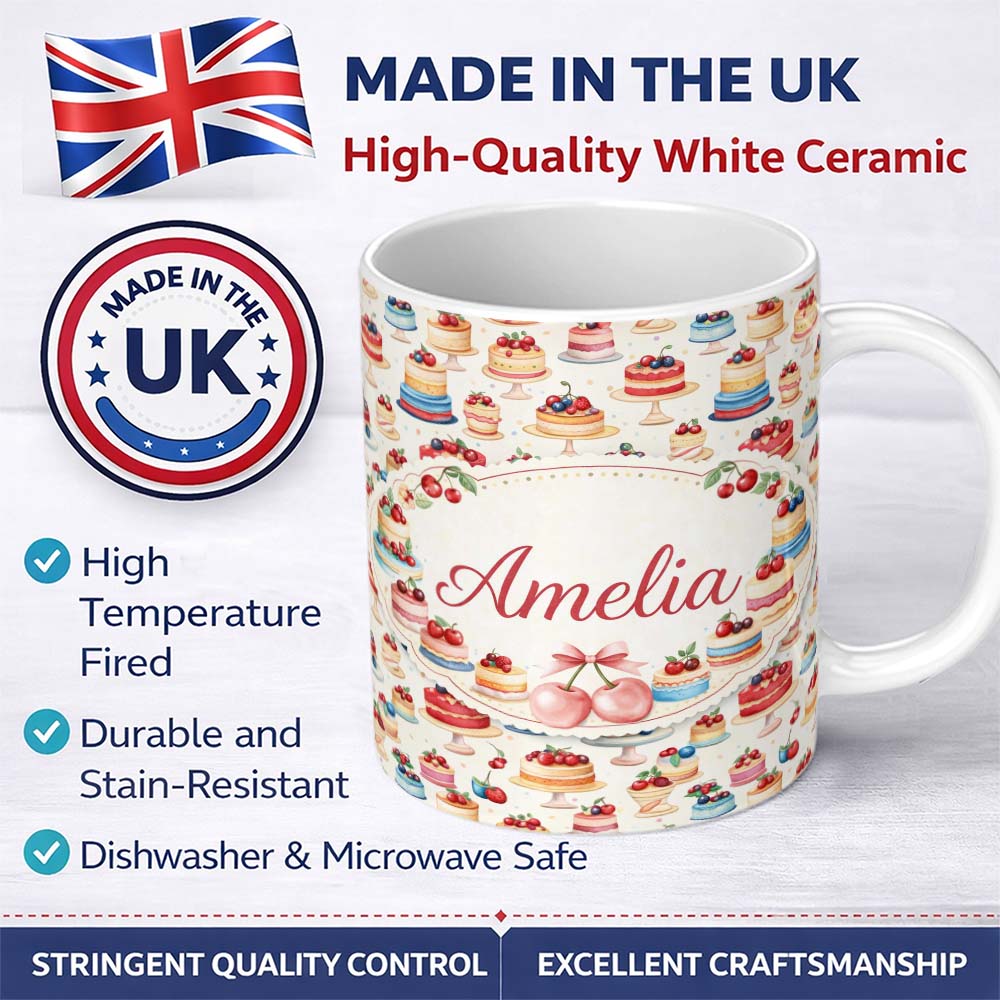 Personalized Custom Name Pink Strawberry Cake Seamless Pattern Cute Dessert Sweet Food Design 11oz Ceramic Coffee Tea Mug White Large Handle
