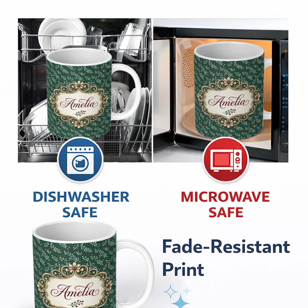 Personalized Custom Name Elegant Floral and Berry Botanical Cream Background Pattern Lovely 11oz Ceramic Coffee Tea Mug White Large Handle