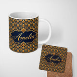 Personalized Custom Name Rich Golden Ornamental Baroque Pattern on Dark Background Seamless 11oz Ceramic Coffee Tea Mug White Large Handle