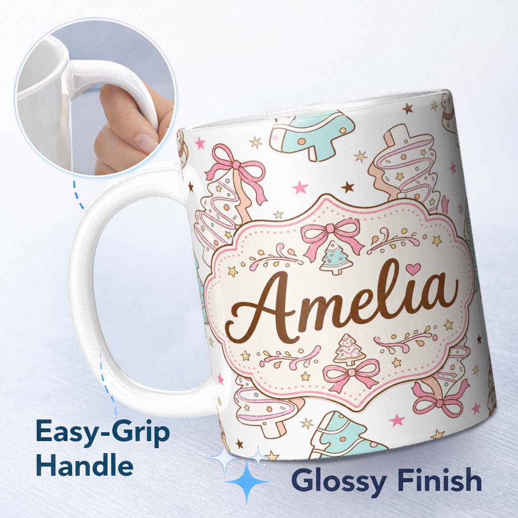 Personalized Custom Name Cute Gingerbread Style Christmas Tree Cookies with Bows Seamless 11oz Ceramic Coffee Tea Mug White Large Handle