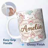 Personalized Custom Name Cute Gingerbread Style Christmas Tree Cookies with Bows Seamless 11oz Ceramic Coffee Tea Mug White Large Handle
