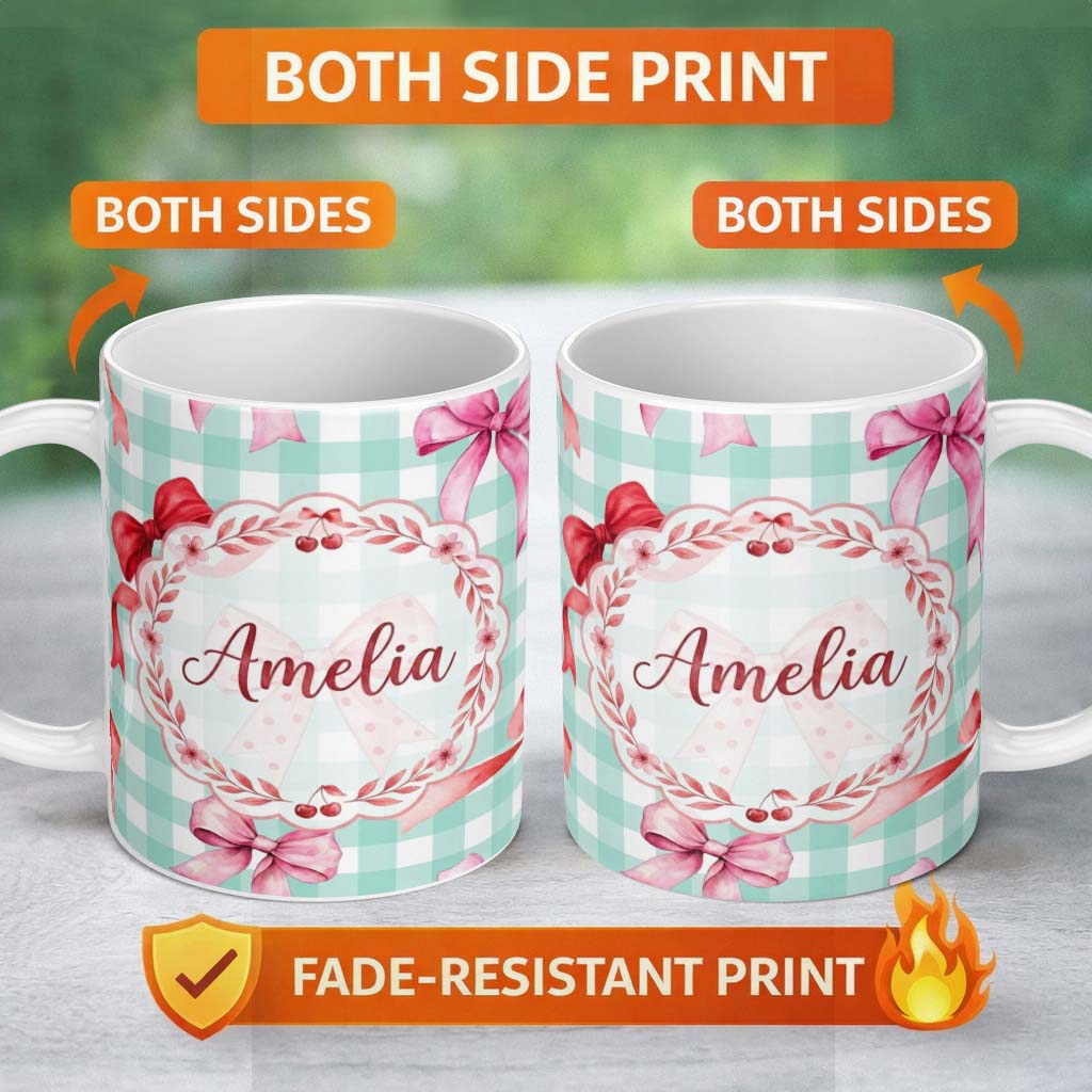 Personalized Custom Name Bold Black Bonsai Tree Silhouettes on Light Background Pattern 11oz Ceramic Coffee Tea Mug White Large Handle