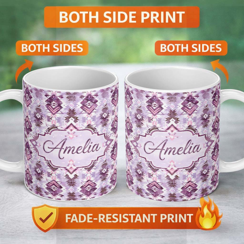 Personalized Custom Name Purple and Lilac Tribal Aztec Geometric Seamless Pattern Lovely 11oz Ceramic Coffee Tea Mug White Large Handle