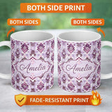 Personalized Custom Name Purple and Lilac Tribal Aztec Geometric Seamless Pattern Lovely 11oz Ceramic Coffee Tea Mug White Large Handle