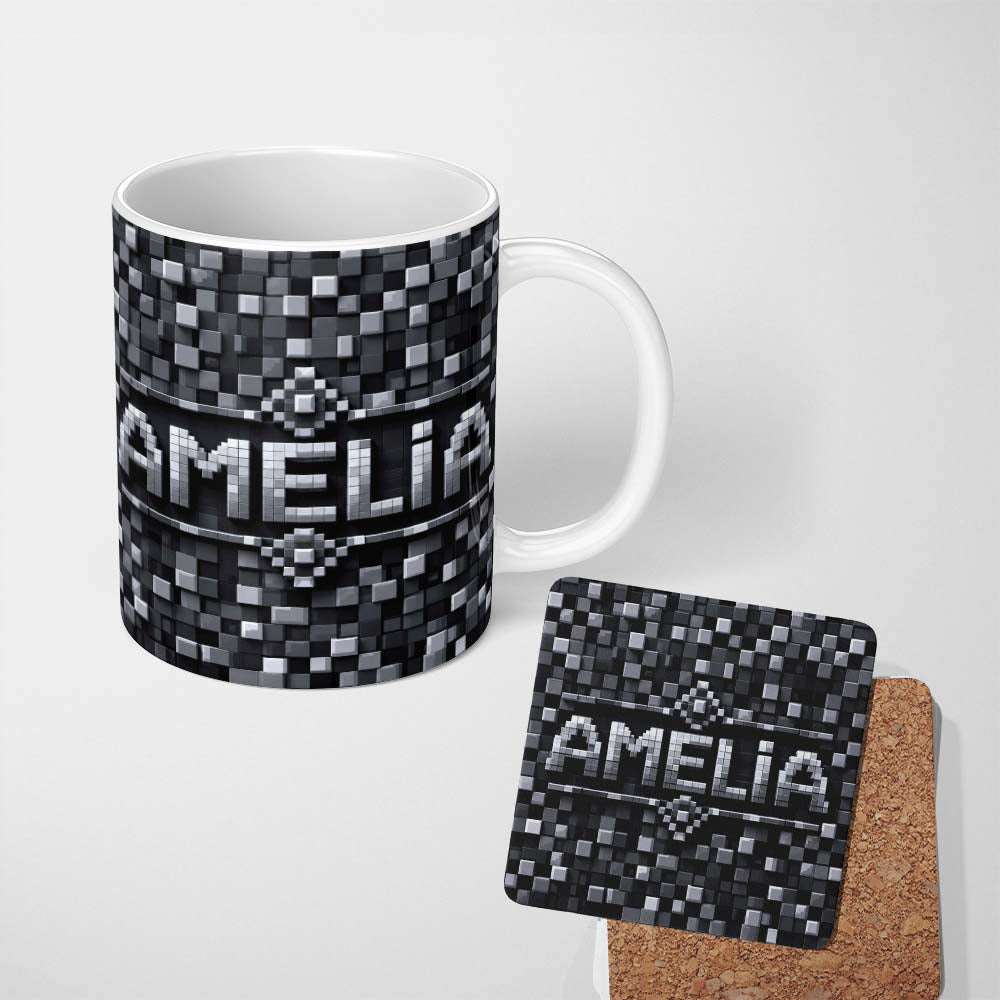 Personalized Custom Name Monochrome Grey Pixel Block Abstract Seamless Pattern Lovely 11oz Ceramic Coffee Tea Mug White Large Handle