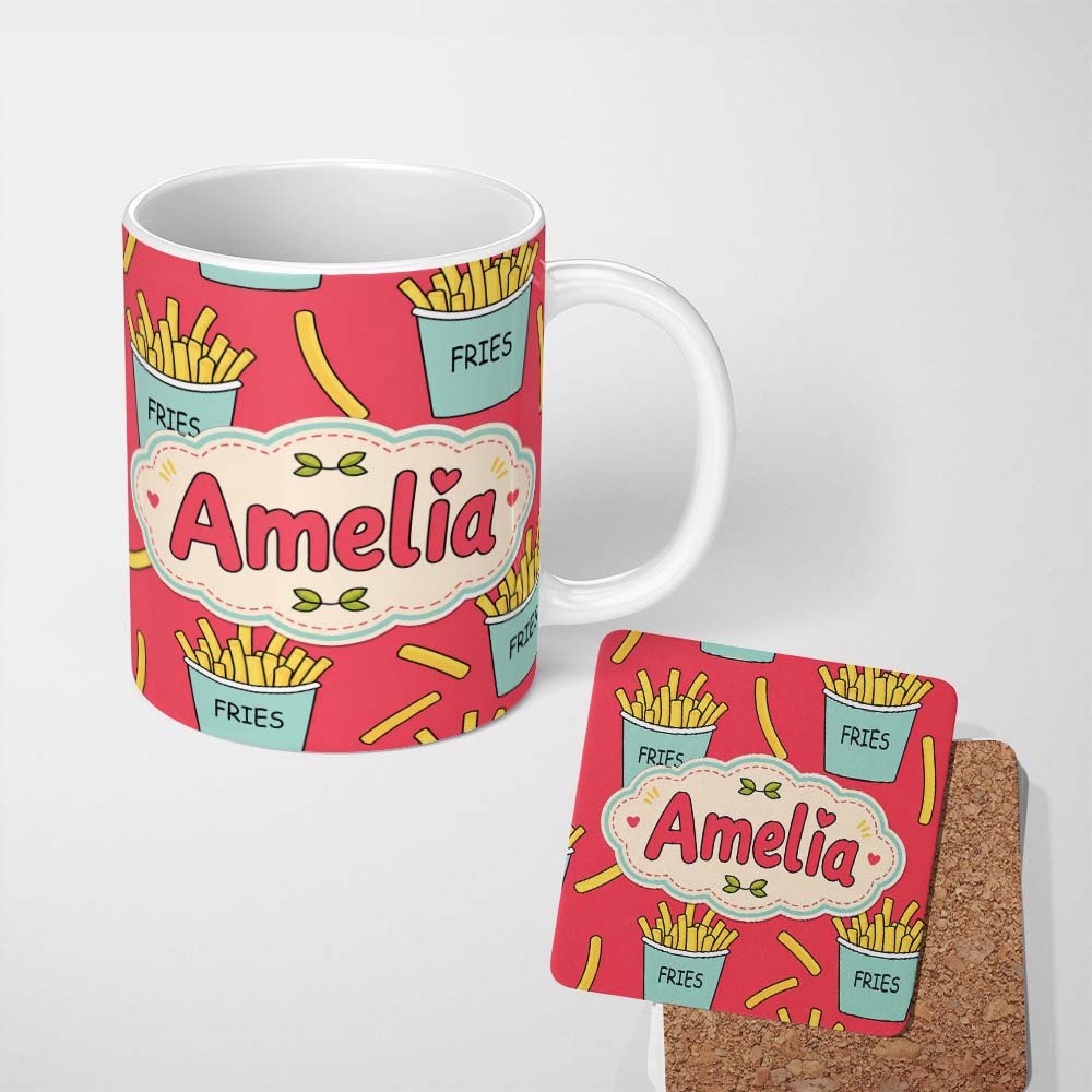 Personalized Custom Name Cute French Fries Cartoon Snack Seamless Pattern Teal Cups Red 11oz Ceramic Coffee Tea Mug White Large Handle