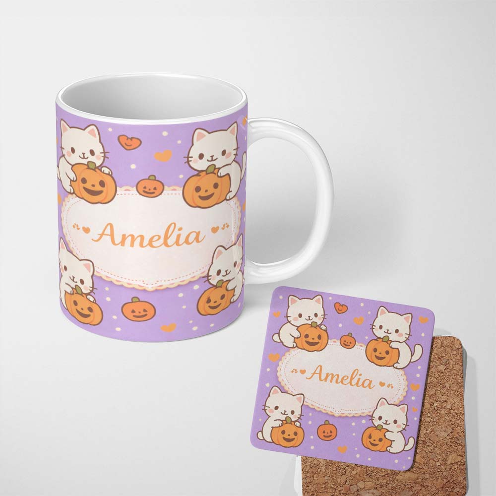 Personalized Custom Name Cute Halloween Cat Pumpkin Cartoon Animal Pattern Cute Unique Gift 11oz Ceramic Coffee Tea Mug White Large Handle
