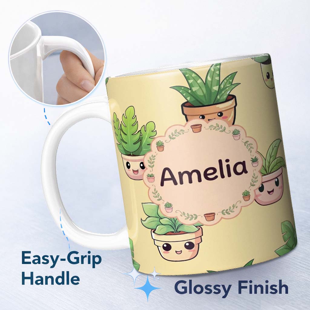 Personalized Custom Name Cute Kawaii Smiling Plant Pots Leaves Seamless Pattern Yellow Lovely 11oz Ceramic Coffee Tea Mug White Large Handle
