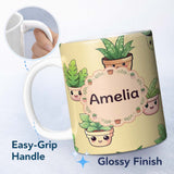 Personalized Custom Name Cute Kawaii Smiling Plant Pots Leaves Seamless Pattern Yellow Lovely 11oz Ceramic Coffee Tea Mug White Large Handle