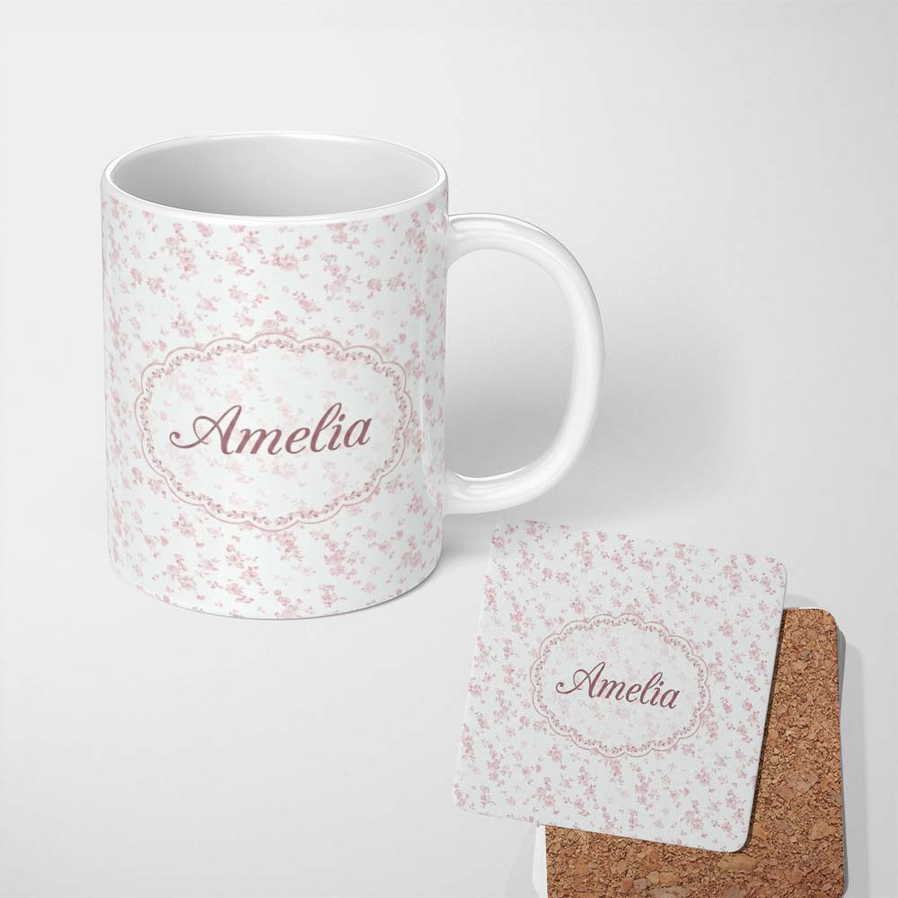 Personalized Custom Name Soft Pink Tiny Floral Sprigs Vintage Ditsy Seamless Pattern Lovely 11oz Ceramic Coffee Tea Mug White Large Handle