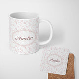 Personalized Custom Name Soft Pink Tiny Floral Sprigs Vintage Ditsy Seamless Pattern Lovely 11oz Ceramic Coffee Tea Mug White Large Handle
