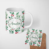 Personalized Custom Name Watercolor Green Leaves and Red Berry Branches Pattern Elegant 11oz Ceramic Coffee Tea Mug White Large Handle