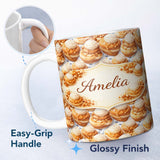 Personalized Custom Name Classic Cream Puff Dessert Repeat Seamless Pattern Cute Unique Gift 11oz Ceramic Coffee Tea Mug White Large Handle