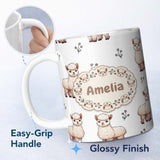 Personalized Custom Name Cute Alpaca Llama Pattern with Floral Sprigs on Grey Background 11oz Ceramic Coffee Tea Mug White Large Handle