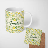 Personalized Custom Name Soft Watercolour Lemons and Blossoms Botanical Seamless Pattern 11oz Ceramic Coffee Tea Mug White Large Handle