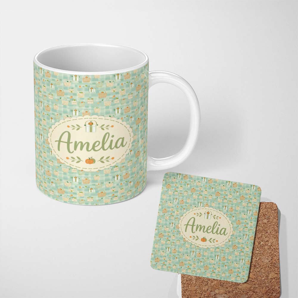 Personalized Custom Name Soft Pastel Picnic Basket and Fruit Motif Seamless Pattern Lovely 11oz Ceramic Coffee Tea Mug White Large Handle