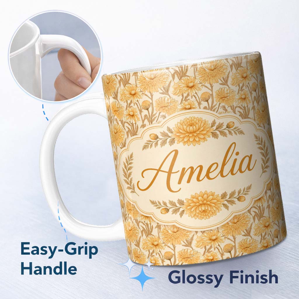 Personalized Custom Name Vintage Orange Floral Botanical on Beige Seamless Pattern Lovely 11oz Ceramic Coffee Tea Mug White Large Handle