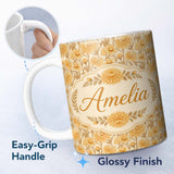 Personalized Custom Name Vintage Orange Floral Botanical on Beige Seamless Pattern Lovely 11oz Ceramic Coffee Tea Mug White Large Handle