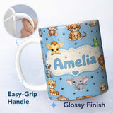 Personalized Custom Name Cute Cartoon Safari Animals with Stars on Blue Background Nursery 11oz Ceramic Coffee Tea Mug White Large Handle