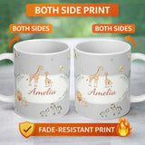 Personalized Custom Name Cute Safari Animals Giraffe Lion Zebra Parrot Seamless Pattern Grey 11oz Ceramic Coffee Tea Mug White Large Handle
