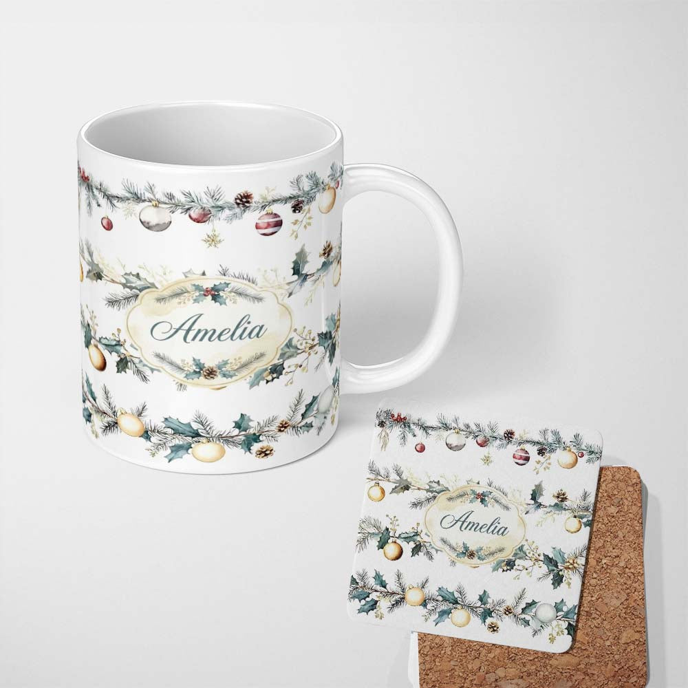 Personalized Custom Name Elegant Christmas Garland Baubles Pine Branch Seamless Pattern 11oz Ceramic Coffee Tea Mug White Large Handle