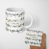 Personalized Custom Name Elegant Christmas Garland Baubles Pine Branch Seamless Pattern 11oz Ceramic Coffee Tea Mug White Large Handle