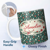 Personalized Custom Name Minimal Christmas Trees Polka Dot Green Seamless Pattern Lovely 11oz Ceramic Coffee Tea Mug White Large Handle