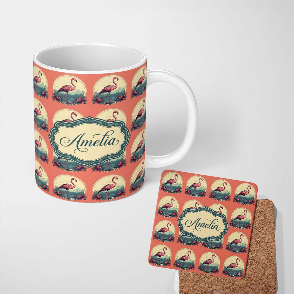 Personalized Custom Name Tropical Flamingo Sunset Landscape Circle Design Seamless Pattern 11oz Ceramic Coffee Tea Mug White Large Handle