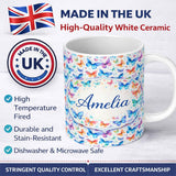 Personalized Custom Name Vibrant Blue and Multicolor Butterflies on Light Background Seamless 11oz Ceramic Coffee Tea Mug White Large Handle