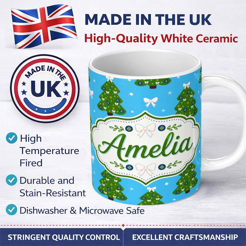 Personalized Custom Name Festive Christmas Trees with White Bows and Stars on Blue Background 11oz Ceramic Coffee Tea Mug White Large Handle