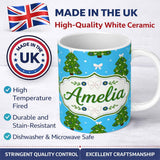 Personalized Custom Name Festive Christmas Trees with White Bows and Stars on Blue Background 11oz Ceramic Coffee Tea Mug White Large Handle