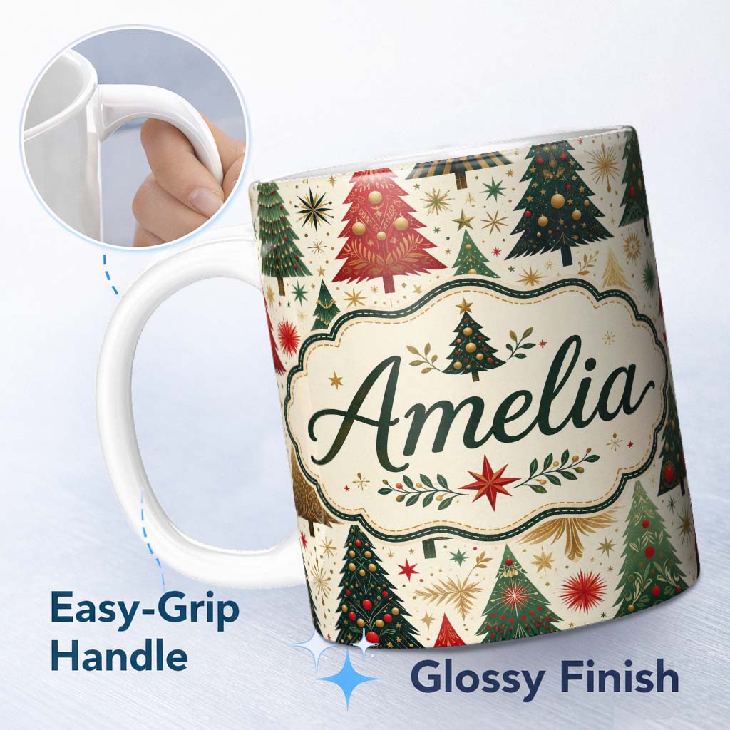 Personalized Custom Name Elegant Christmas Trees Gold Green Red Stars Festive Seamless Lovely 11oz Ceramic Coffee Tea Mug White Large Handle