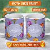 Personalized Custom Name Elegant Tulip Floral Seamless Pattern Purple Background Spring 11oz Ceramic Coffee Tea Mug White Large Handle