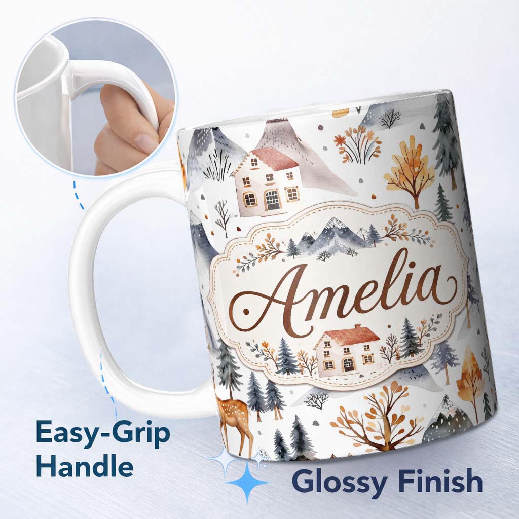Personalized Custom Name Watercolor Winter Landscape Houses Mountains Trees Seamless Pattern 11oz Ceramic Coffee Tea Mug White Large Handle