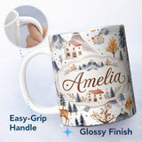 Personalized Custom Name Watercolor Winter Landscape Houses Mountains Trees Seamless Pattern 11oz Ceramic Coffee Tea Mug White Large Handle