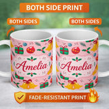 Personalized Custom Name Christmas Bells Gift Baubles Holly Berry Seamless Pattern Lovely 11oz Ceramic Coffee Tea Mug White Large Handle