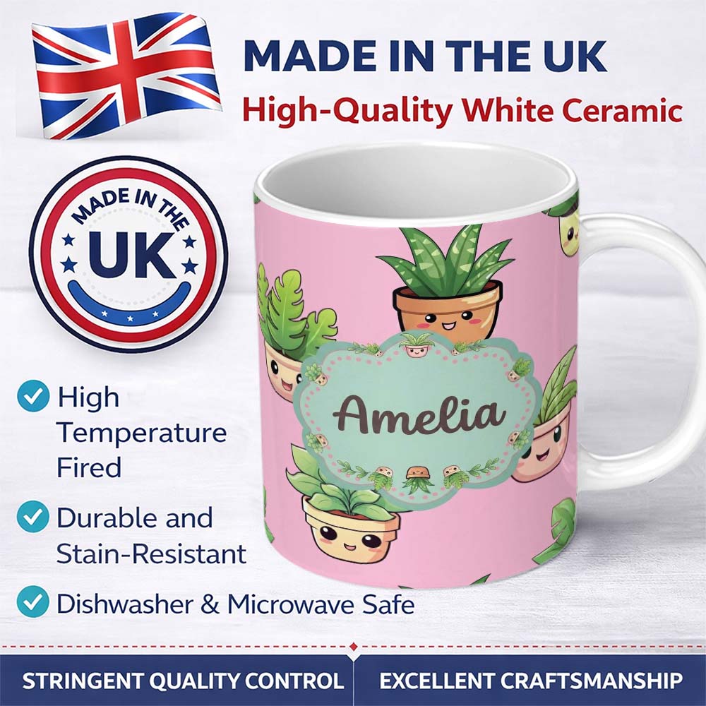 Personalized Custom Name Cute Kawaii Smiling Plant Pots Leaves Seamless Pattern Pink Lovely 11oz Ceramic Coffee Tea Mug White Large Handle