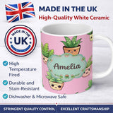 Personalized Custom Name Cute Kawaii Smiling Plant Pots Leaves Seamless Pattern Pink Lovely 11oz Ceramic Coffee Tea Mug White Large Handle