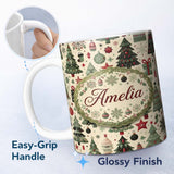 Personalized Custom Name Elegant Christmas Tree Star Snowflake Gift Festive Seamless Pattern 11oz Ceramic Coffee Tea Mug White Large Handle