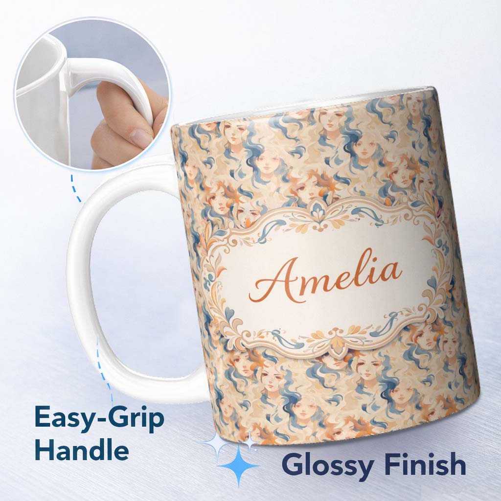 Personalized Custom Name Artistic Female Portrait Cream Blue Abstract Pattern Lovely 11oz Ceramic Coffee Tea Mug White Large Handle