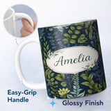 Personalized Custom Name Elegant Botanical Leaves Blue Green Floral Seamless Pattern Lovely 11oz Ceramic Coffee Tea Mug White Large Handle