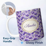Personalized Custom Name Purple Iris Flower Garden Seamless Pattern Charming Kitchen Decor 11oz Ceramic Coffee Tea Mug White Large Handle