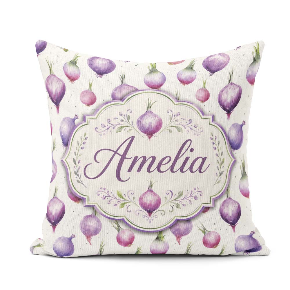 Custom Name Watercolor Purple Onion Seamless Pattern Soft Garden Square Filled Cushion Throw Pillow Sofa Bed Home Decor Zip Washable UK Made