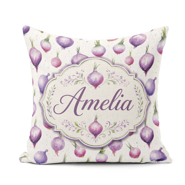 Custom Name Watercolor Purple Onion Seamless Pattern Soft Garden Square Filled Cushion Throw Pillow Sofa Bed Home Decor Zip Washable UK Made