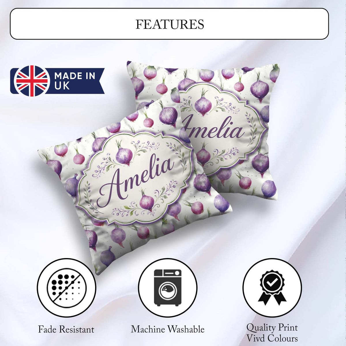 Custom Name Watercolor Purple Onion Seamless Pattern Soft Garden Square Filled Cushion Throw Pillow Sofa Bed Home Decor Zip Washable UK Made