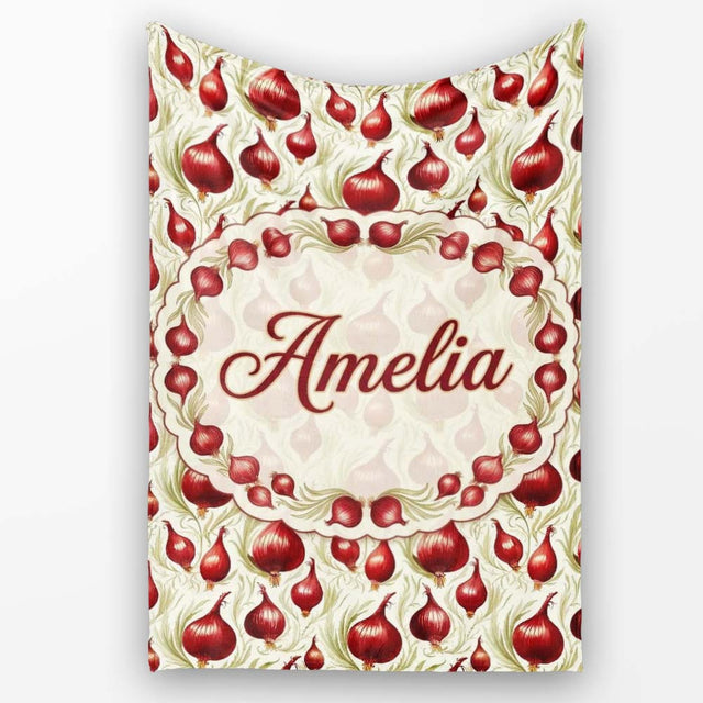 Red Onion Botanical Seamless Pattern Vintage Farmhouse Style Design  Personalised Custom Name Super Soft Fleece Blanket Bed Sofa Throw
